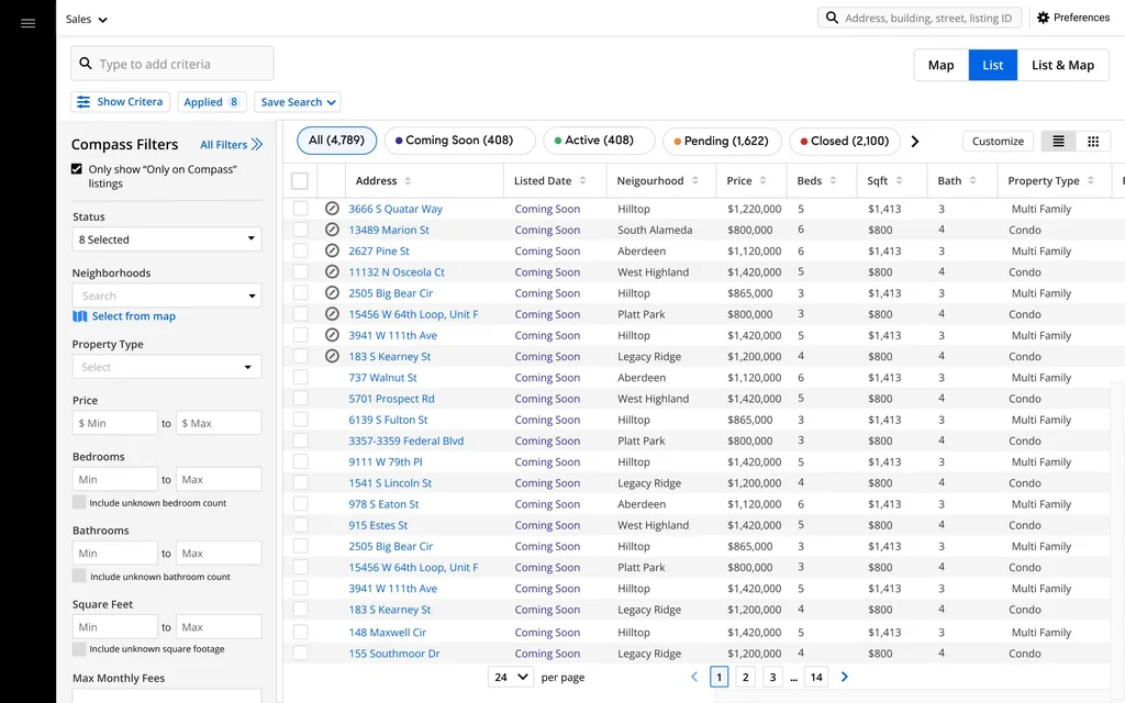 Compass agent search as a table of listings with the filters at its side