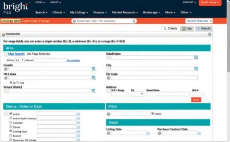 Bright MLS search criteria: a dense form of fields and checkboxes