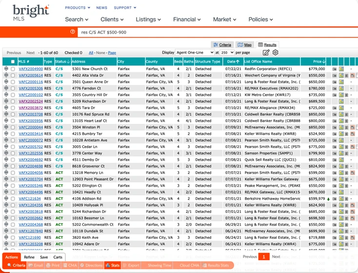 Bright MLS results: a dense table of listings
