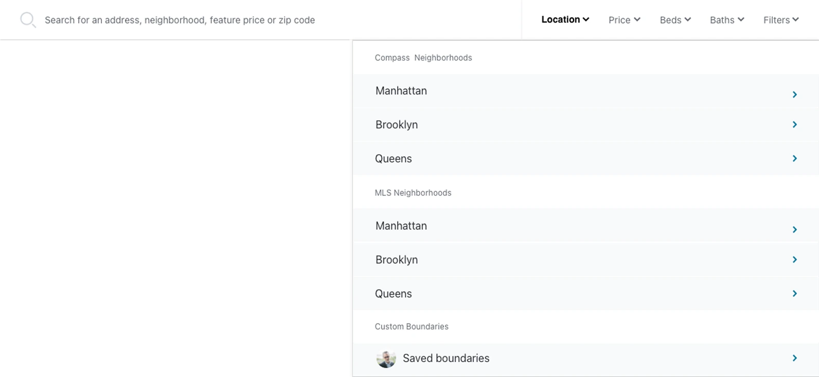 The earlier Compass search bar: one text field, a few dropdowns, and a location menu of neighborhoods