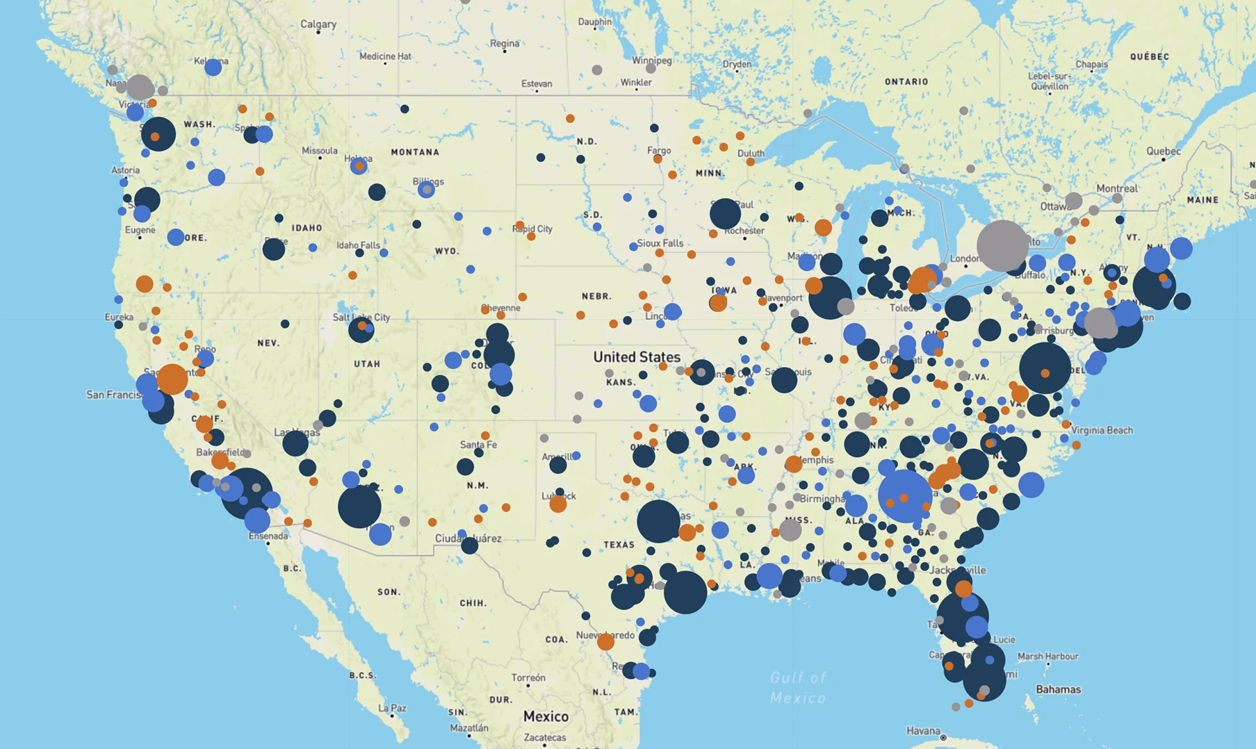 A map of the United States covered in dots, one per MLS