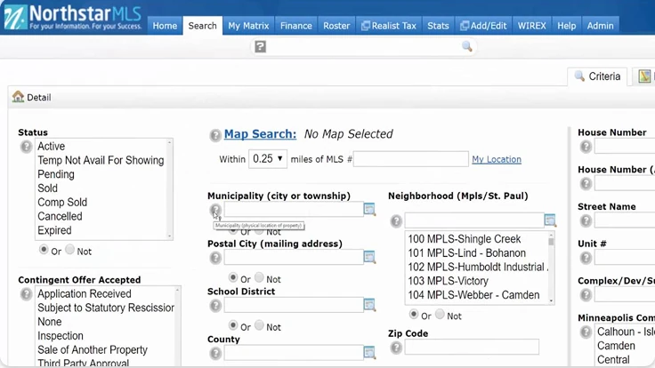 Northstar MLS search criteria: lists, fields and And, Or, Not switches
