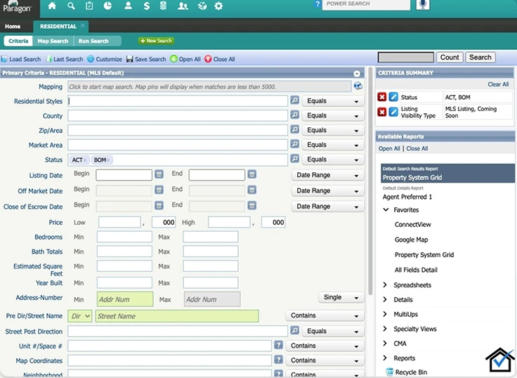 Paragon MLS search criteria: a long form of fields with operators