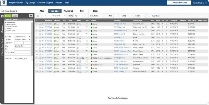 RealTracs results: a table of listings with a criteria panel