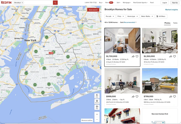 Redfin search results: a map of Brooklyn beside listing photos