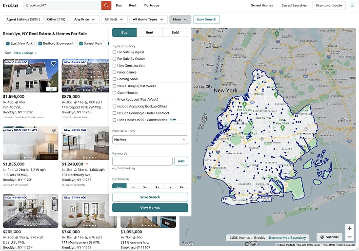 Trulia filters: a short menu of checkboxes over the results