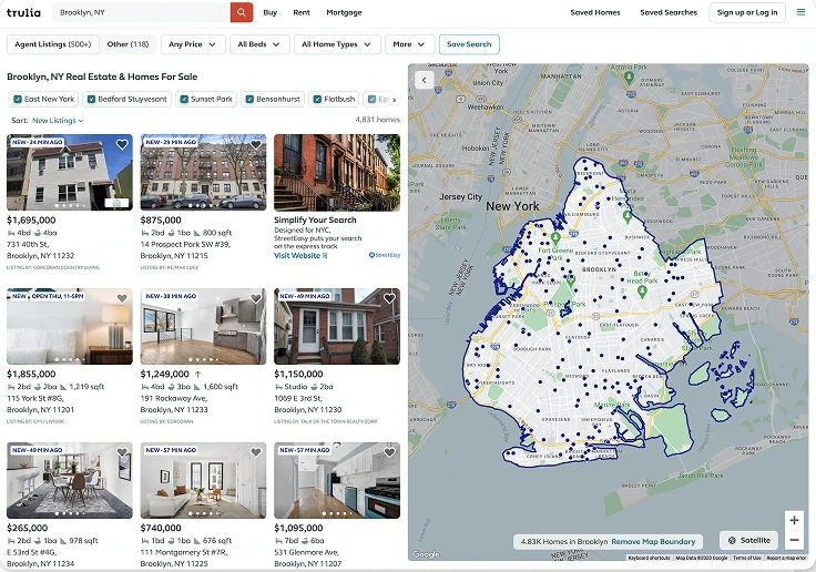 Trulia search results: listing photos beside a map of Brooklyn