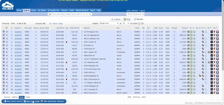 Yes-MLS results: a dense table of listings