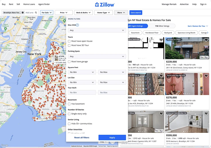 Zillow filters: a short menu of options over the map