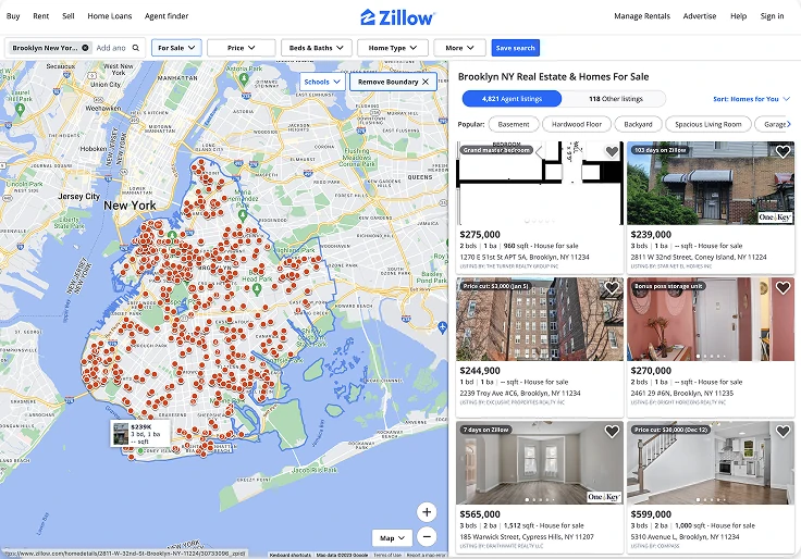Zillow search results: a map of Brooklyn beside listing photos
