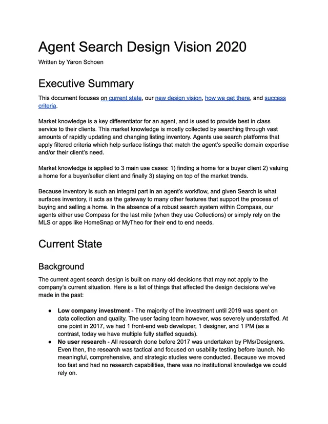 The first page of a document titled Agent Search Design Vision 2020, written by Yaron Schoen