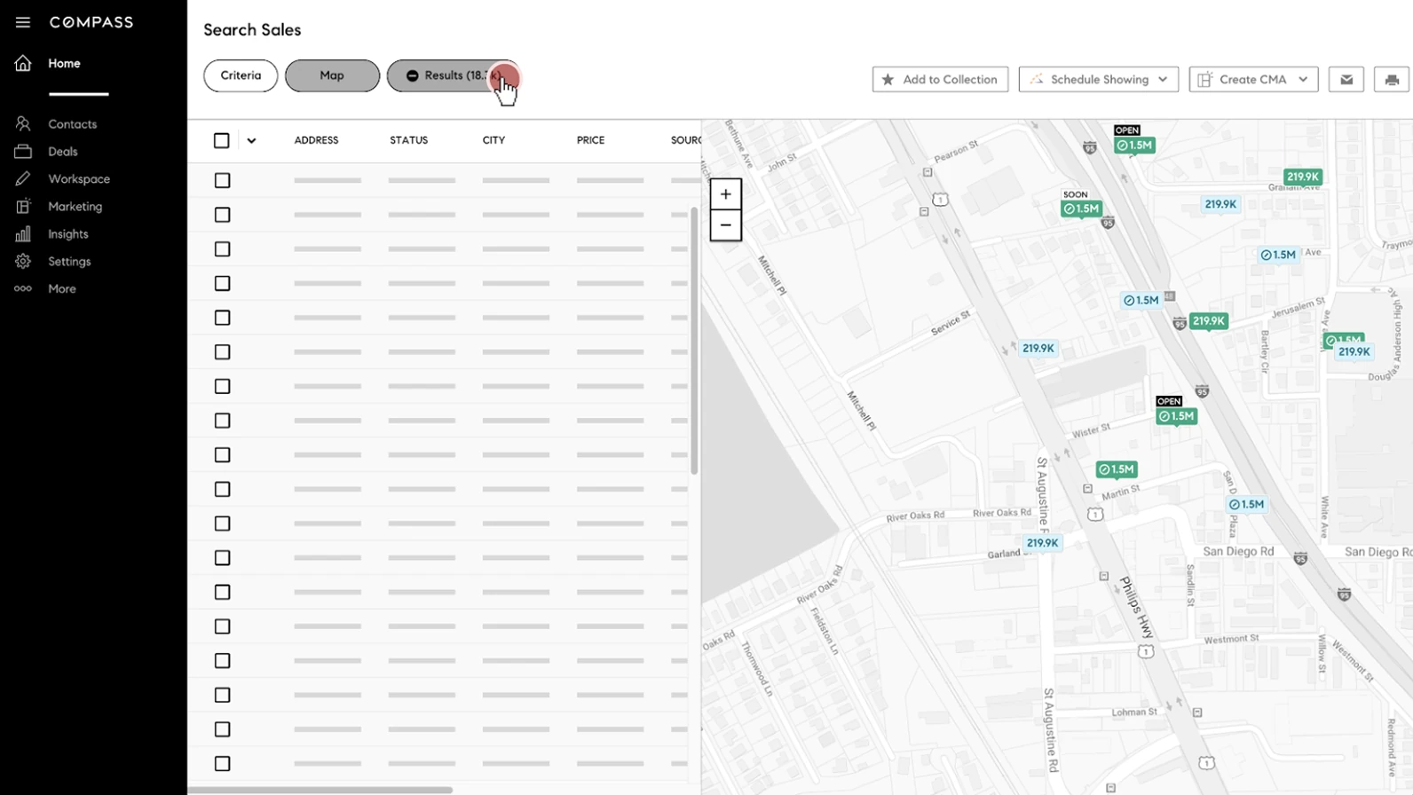 A low fidelity wireframe: a results table beside a map