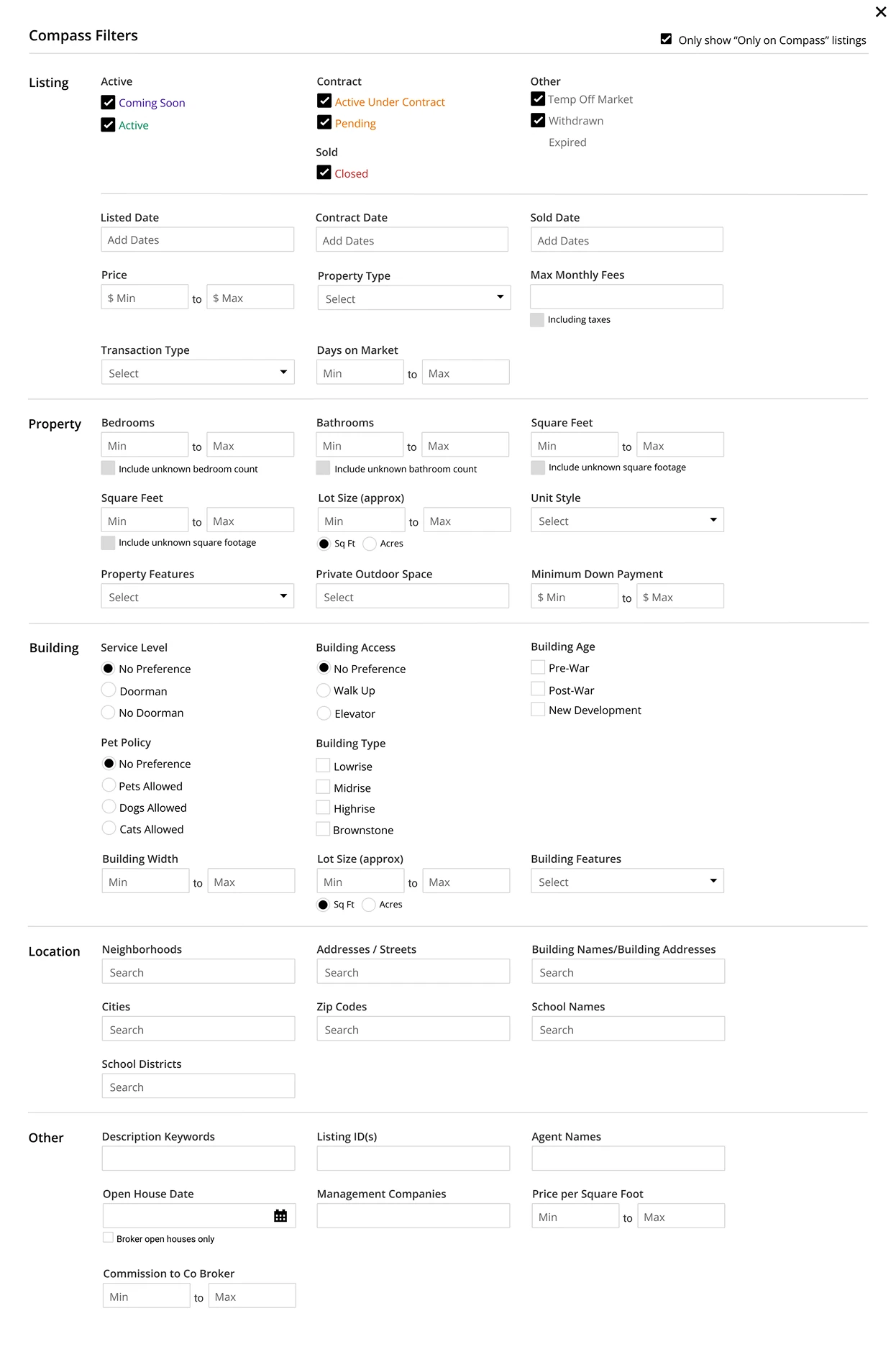 The Compass filters panel, grouped into listing, property, building, location and other, laid out like an MLS form